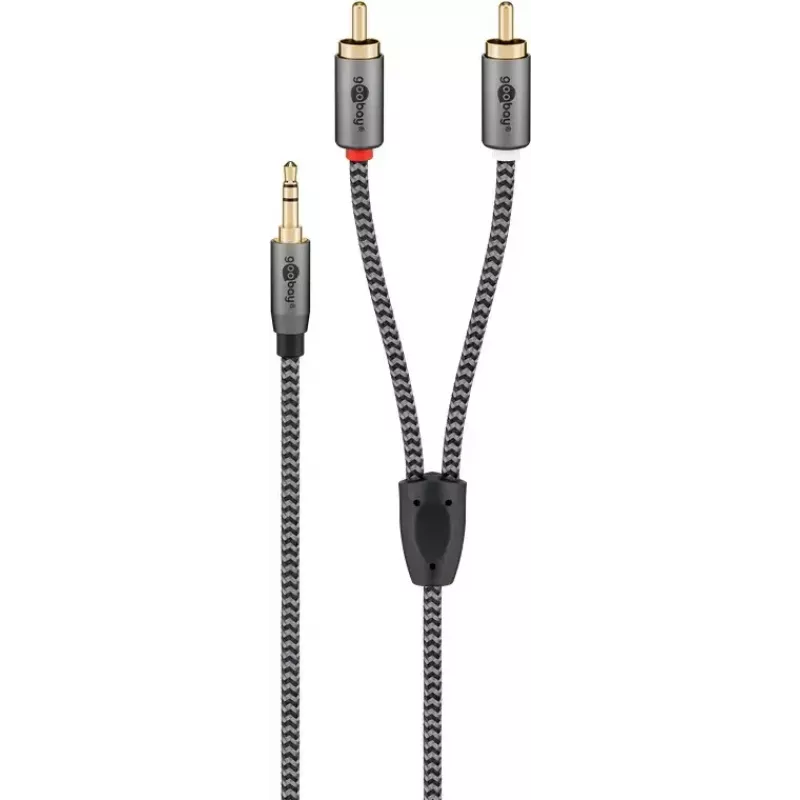 Garso kabelis WENTRONIC Goobay 65288 — 3,5 mm lizdas į 2×RCA kištukus, 2 m, varis, auksuoti kontaktai, magnetinis ekranavimas