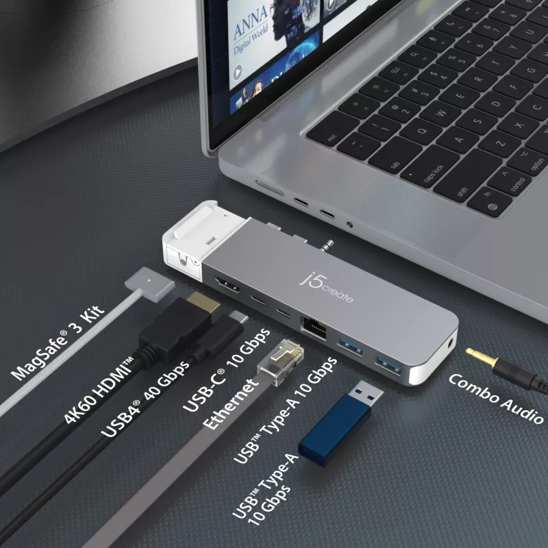 USB HUB j5create JCD395 4K60 Elite Pro Wired USB4 su MagSafe rinkiniu