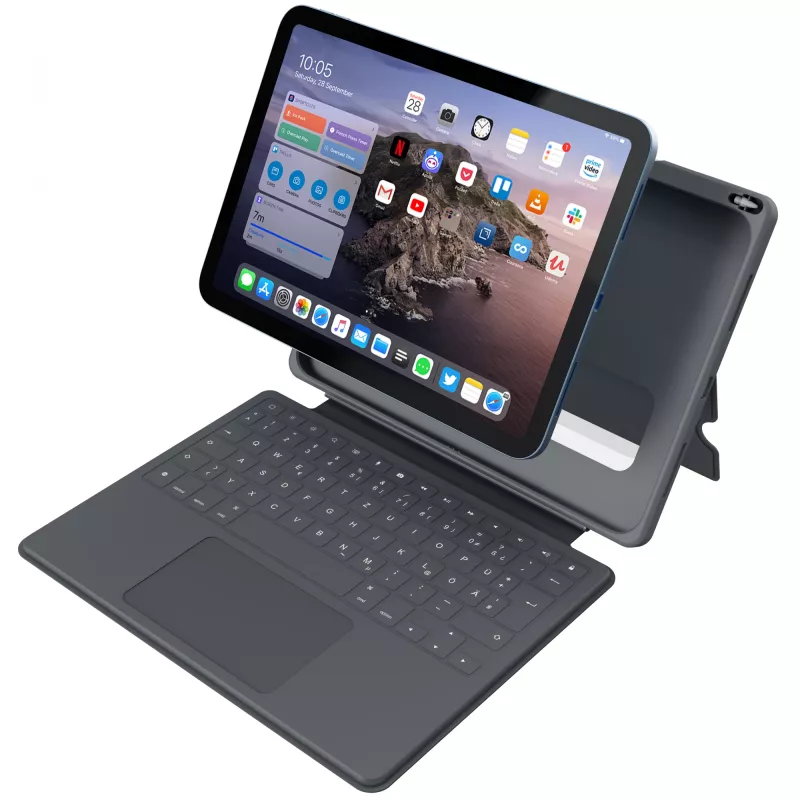 ASTAR DEQSTER Smart Rugged Touch Plus klaviatūra, skirta iPad 10,9 colio — QWERTZ vokiškas išdėstymas, mechaniniai jungikliai, Smart Connector dokas, pilka