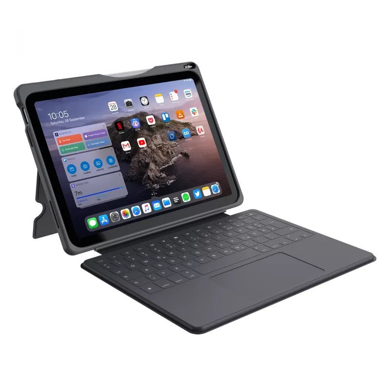 ASTAR DEQSTER Smart Rugged Touch Plus klaviatūra, skirta iPad 10,9 colio — QWERTZ vokiškas išdėstymas, mechaniniai jungikliai, Smart Connector dokas, pilka
