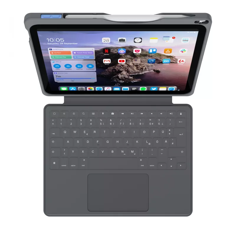 ASTAR DEQSTER Smart Rugged Touch Plus klaviatūra, skirta iPad 10,9 colio — QWERTZ vokiškas išdėstymas, mechaniniai jungikliai, Smart Connector dokas, pilka