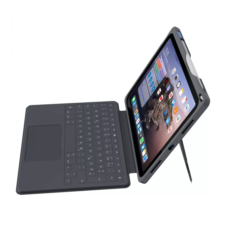 ASTAR DEQSTER Smart Rugged Touch Plus klaviatūra, skirta iPad 10,9 colio — QWERTZ vokiškas išdėstymas, mechaniniai jungikliai, Smart Connector dokas, pilka