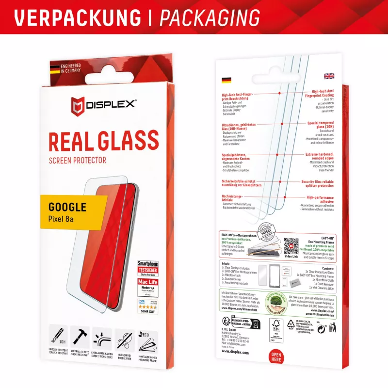 Displex Screen Protector (10H) skirta Google Pixel 8a, su EASY-ON® Eco montavimo rėmeliu, atspari įbrėžimams
