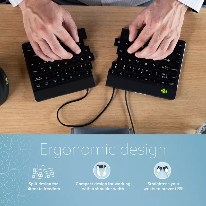 Ergonominė klaviatūra R-Go Tools Split Break v2 su pertraukų programine įranga, išskirta klaviatūra, QWERTZ (DE), laida, juoda