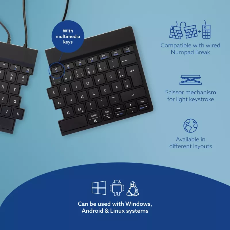 Ergonominė klaviatūra R-Go Tools Split Break v2 su pertraukų programine įranga, išskirta klaviatūra, QWERTZ (DE), laida, juoda