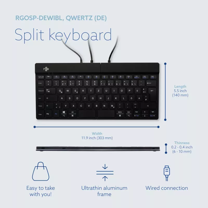 Ergonominė klaviatūra R-Go Tools Split Break v2 su pertraukų programine įranga, išskirta klaviatūra, QWERTZ (DE), laida, juoda