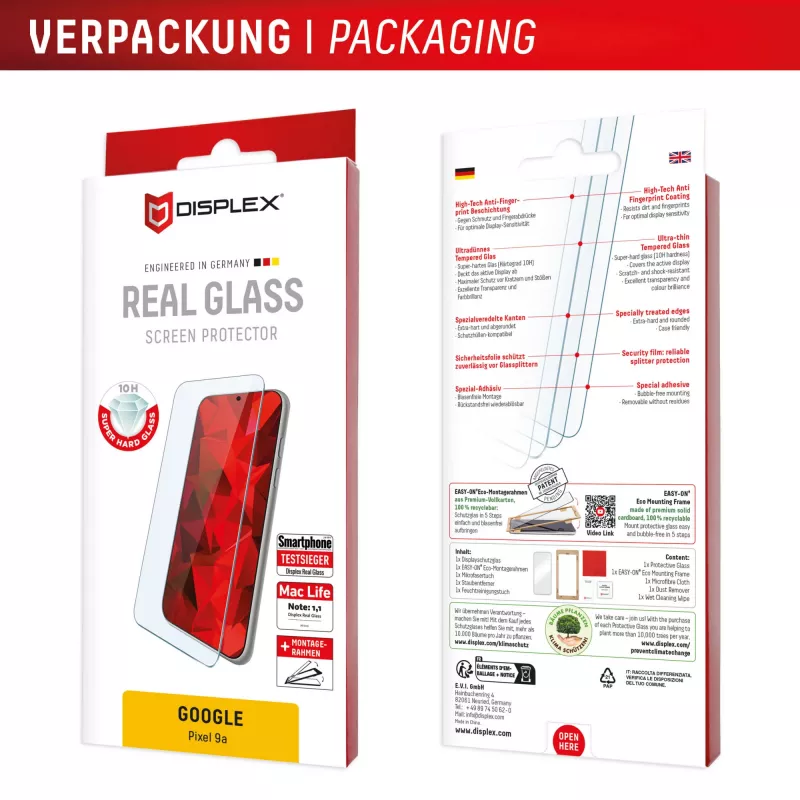 Displex Screen Protector (10H), apsauginis stiklas, skirtas Google Pixel 9a, su EASY-ON® Eco montavimo rėmeliu, atsparus įbrėžimams