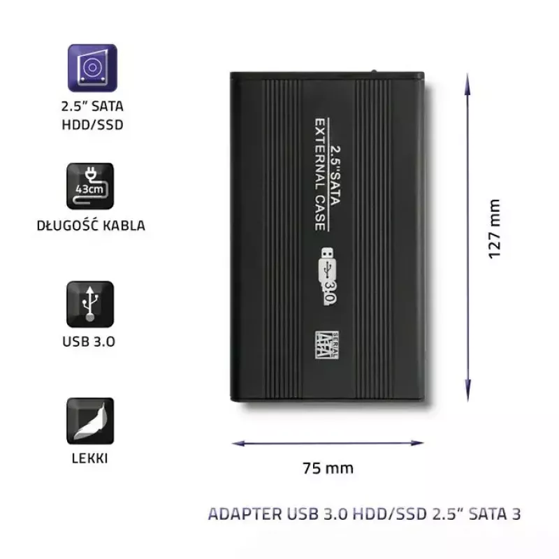 QOLTEC 51861 išorinis dėklas 2,5 colio SATA3 kietajam diskui arba SSD, USB 3.0, juodas