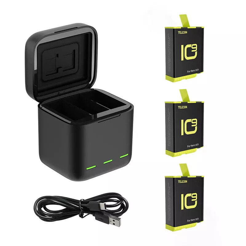 Telesin 3 lizdų įkroviklis-dėklas GoPro Hero 9 / Hero 10 su 3 baterijomis (GP-BNC-902-B)