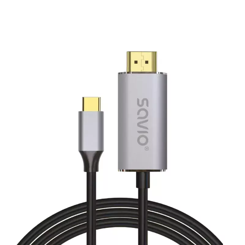 USB-C į HDMI 2.0b laidas SAVIO CL-171 — 2 m, USB-C (vyriškas) į HDMI Type A (vyriškas), 4K 4096×2160, sidabrinis laidas su juodais ir auksiniais antgaliais