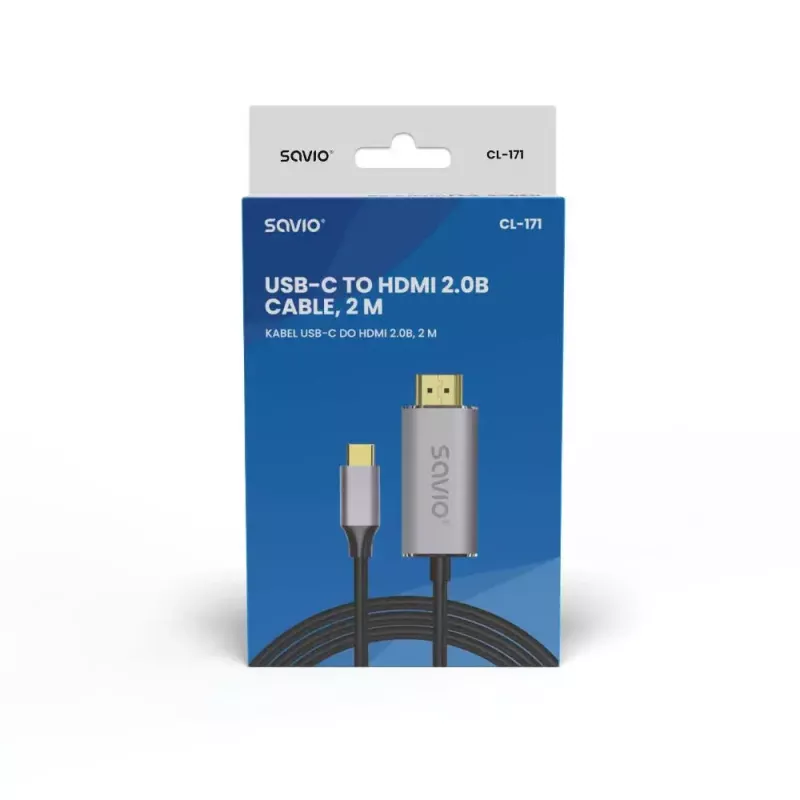 USB-C į HDMI 2.0b laidas SAVIO CL-171 — 2 m, USB-C (vyriškas) į HDMI Type A (vyriškas), 4K 4096×2160, sidabrinis laidas su juodais ir auksiniais antgaliais