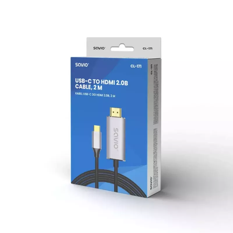 USB-C į HDMI 2.0b laidas SAVIO CL-171 — 2 m, USB-C (vyriškas) į HDMI Type A (vyriškas), 4K 4096×2160, sidabrinis laidas su juodais ir auksiniais antgaliais