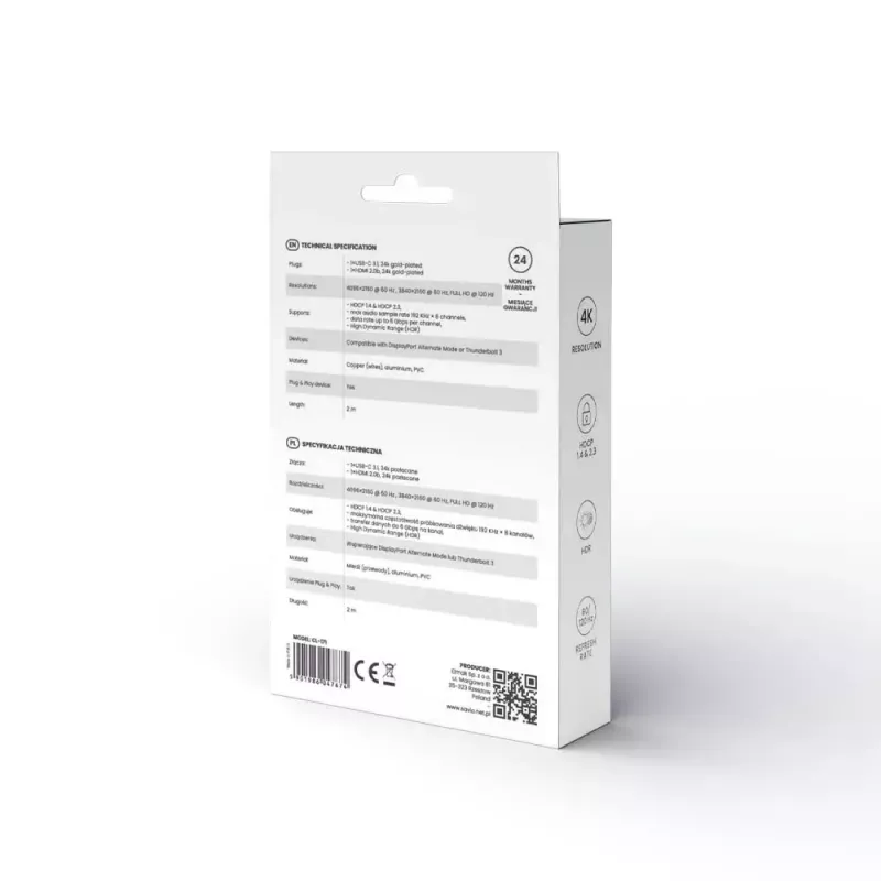 USB-C į HDMI 2.0b laidas SAVIO CL-171 — 2 m, USB-C (vyriškas) į HDMI Type A (vyriškas), 4K 4096×2160, sidabrinis laidas su juodais ir auksiniais antgaliais