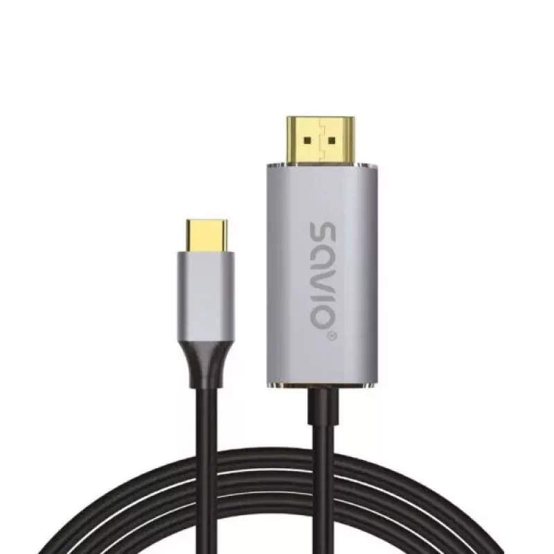 USB-C į HDMI 2.0b laidas SAVIO CL-171 — 2 m, USB-C (vyriškas) į HDMI Type A (vyriškas), 4K 4096×2160, sidabrinis laidas su juodais ir auksiniais antgaliais