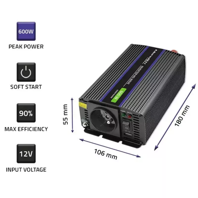 QOLTEC Monolith 600 MS Wave keitiklis 12V į 230V 600W, grynoji sinusinė banga