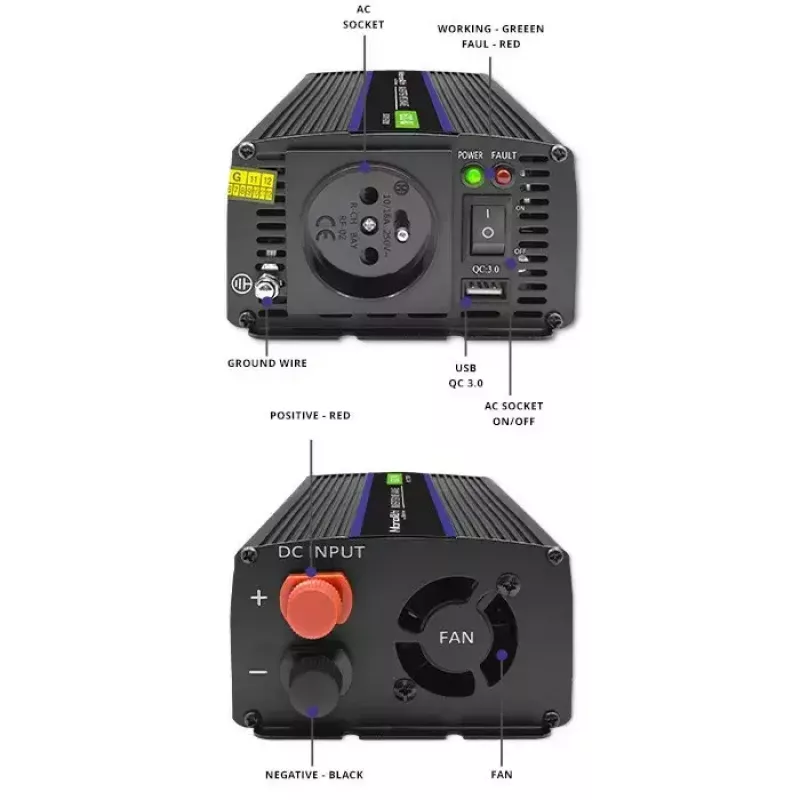 QOLTEC Monolith 600 MS Wave keitiklis 12V į 230V 600W, grynoji sinusinė banga