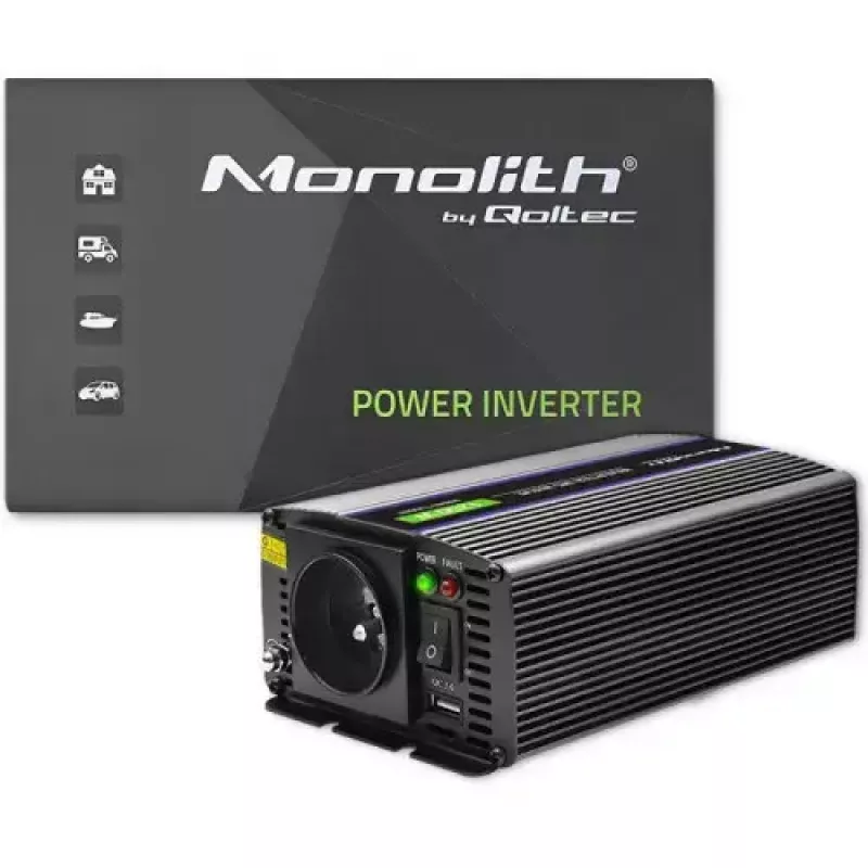 Įtampos keitiklis QOLTEC Monolith 600 W – 12 V į 230 V, USB PD 18 W, automobiliui/patalpoms, juodas
