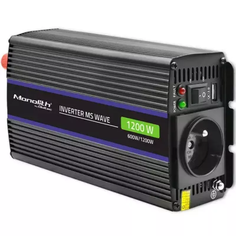 Įtampos keitiklis QOLTEC Monolith 600 W – 12 V į 230 V, USB PD 18 W, automobiliui/patalpoms, juodas
