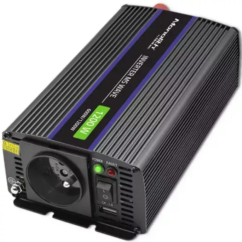 Įtampos keitiklis QOLTEC Monolith 600 W – 12 V į 230 V, USB PD 18 W, automobiliui/patalpoms, juodas