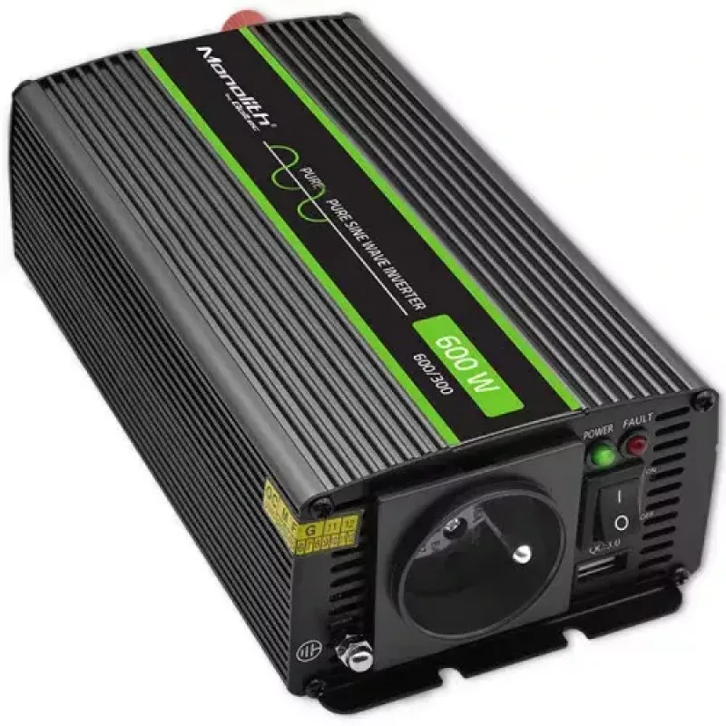 Įtampos keitiklis QOLTEC Monolith 600 W – 12 V į 230 V, USB PD 18 W, automobiliui/patalpoms, juodas