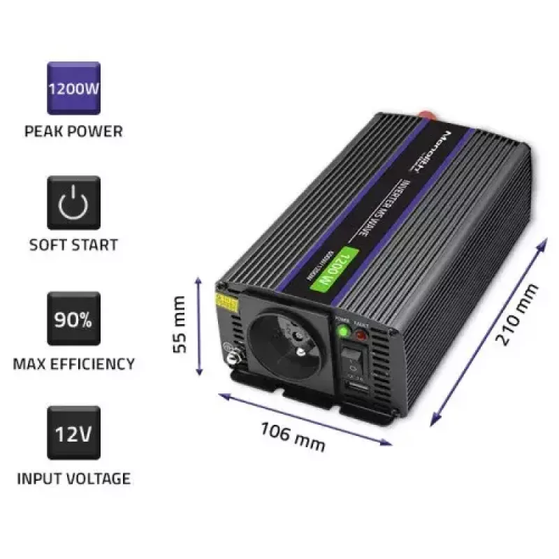 Įtampos keitiklis QOLTEC Monolith 600 W – 12 V į 230 V, USB PD 18 W, automobiliui/patalpoms, juodas