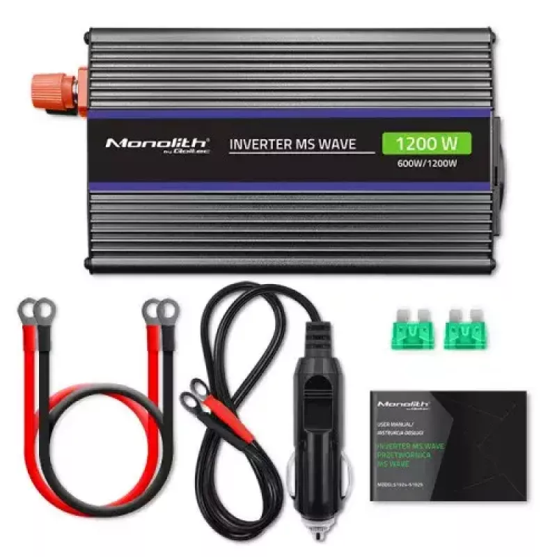 Įtampos keitiklis QOLTEC Monolith 600 W – 12 V į 230 V, USB PD 18 W, automobiliui/patalpoms, juodas