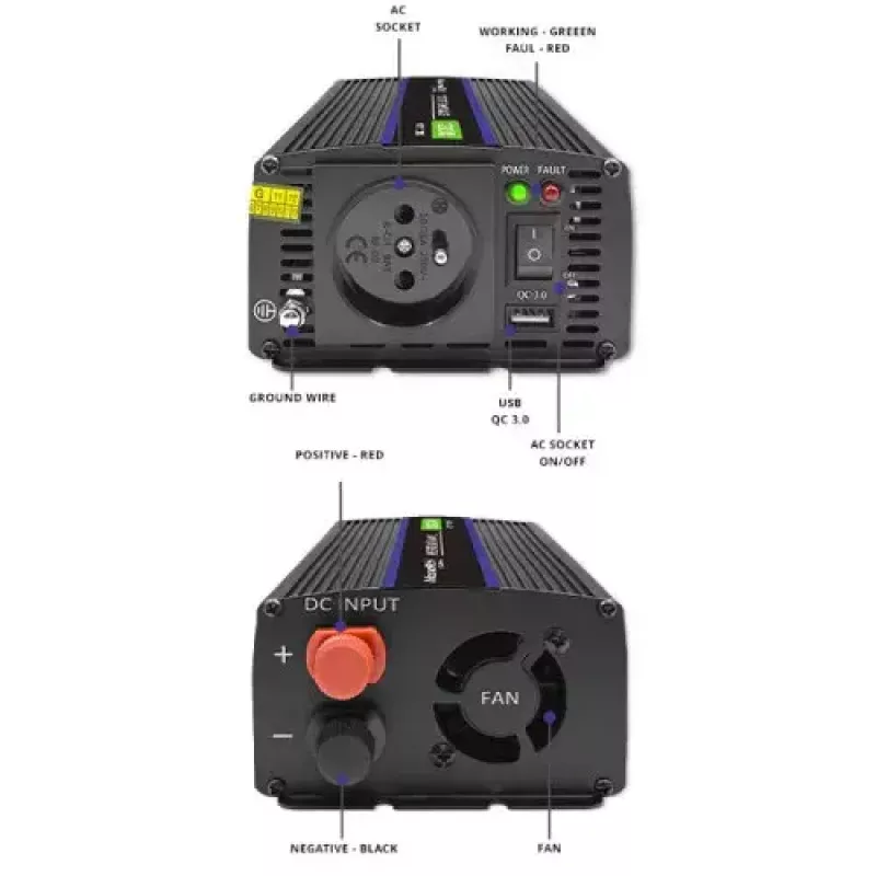 Įtampos keitiklis QOLTEC Monolith 600 W – 12 V į 230 V, USB PD 18 W, automobiliui/patalpoms, juodas