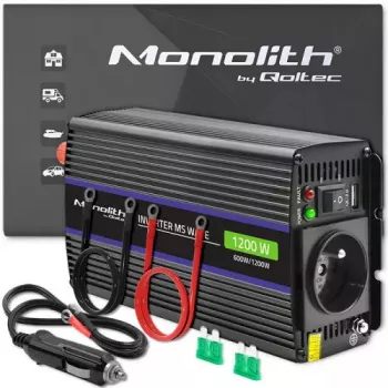 Įtampos keitiklis QOLTEC Monolith 600 W – 12 V į 230 V, USB PD 18 W, automobiliui/patalpoms, juodas