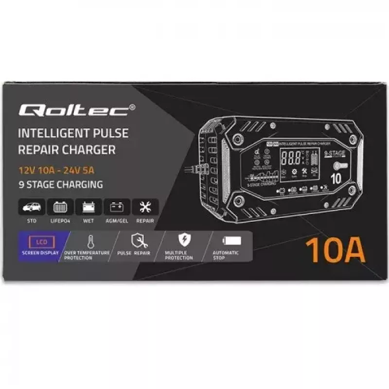 Automobilio akumuliatoriaus įkroviklis QOLTEC 52482 12/24 V 5/10 A su LCD ekranu ir F tipo kištuku