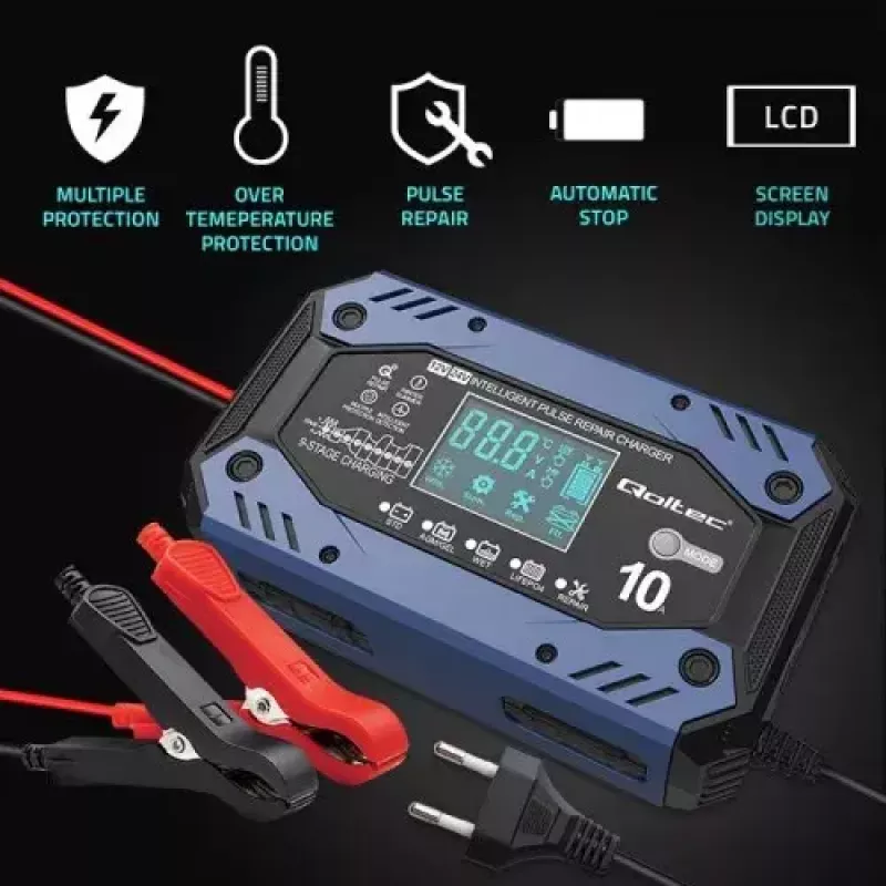 Automobilio akumuliatoriaus įkroviklis QOLTEC 52482 12/24 V 5/10 A su LCD ekranu ir F tipo kištuku