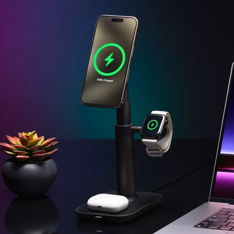 3-in-1 ištraukiamas stovas mophie MagSafe belaidis įkroviklis išmaniesiems telefonams, laikrodžiams ir ausinėms