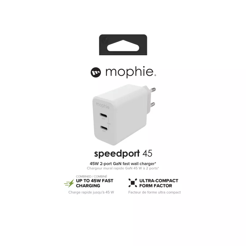 mophie sieninis adapteris USB-C PD DUAL 45W GaN baltas EU (2xUSB-C)