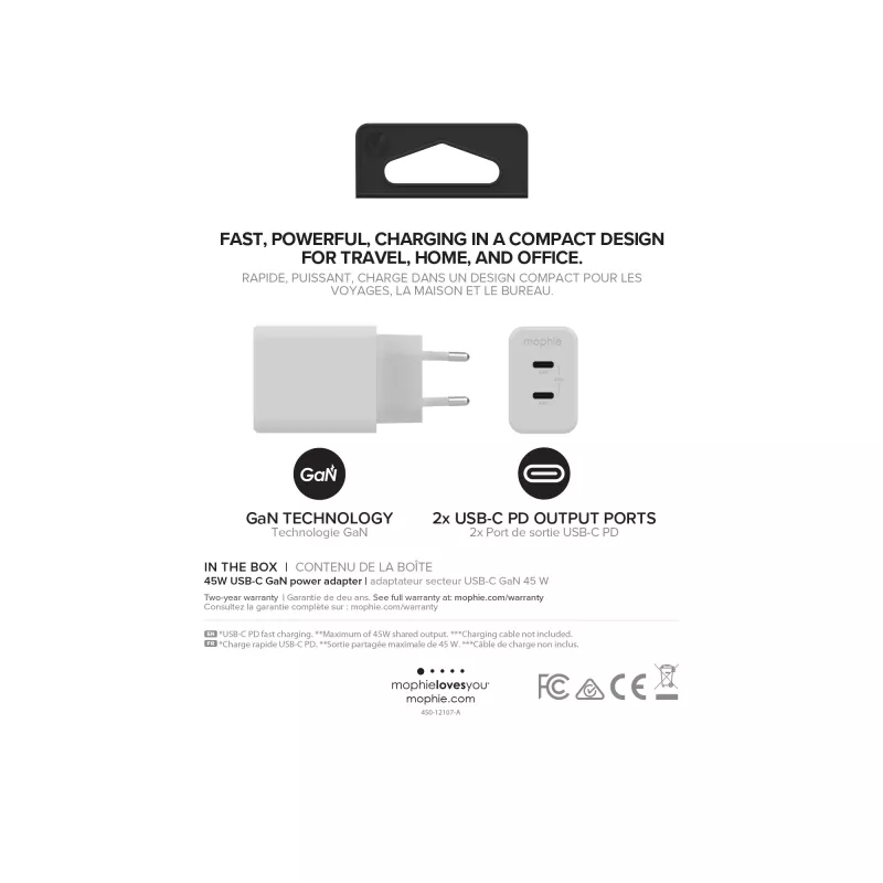 mophie sieninis adapteris USB-C PD DUAL 45W GaN baltas EU (2xUSB-C)