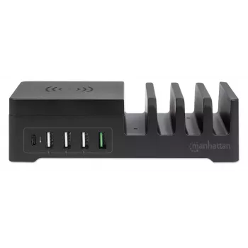 Manhattan įkrovimo stotelė su belaidžiu įkrovimo padėklu (nuimamas), 1x belaidis, 1x USB-C ir 4x USB-A prievadai, belaidžio išėjimas: 2A, USB-C išėjimas: 3A, USB-A išėjimai: 1x 3A ir 3x 2,4A, kabelis 1m, juoda (maitinimo laidas: Euro 2 kontaktų kištukas į