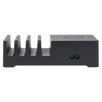 Manhattan įkrovimo stotelė su belaidžiu įkrovimo padėklu (nuimamas), 1x belaidis, 1x USB-C ir 4x USB-A prievadai, belaidžio išėjimas: 2A, USB-C išėjimas: 3A, USB-A išėjimai: 1x 3A ir 3x 2,4A, kabelis 1m, juoda (maitinimo laidas: Euro 2 kontaktų kištukas į