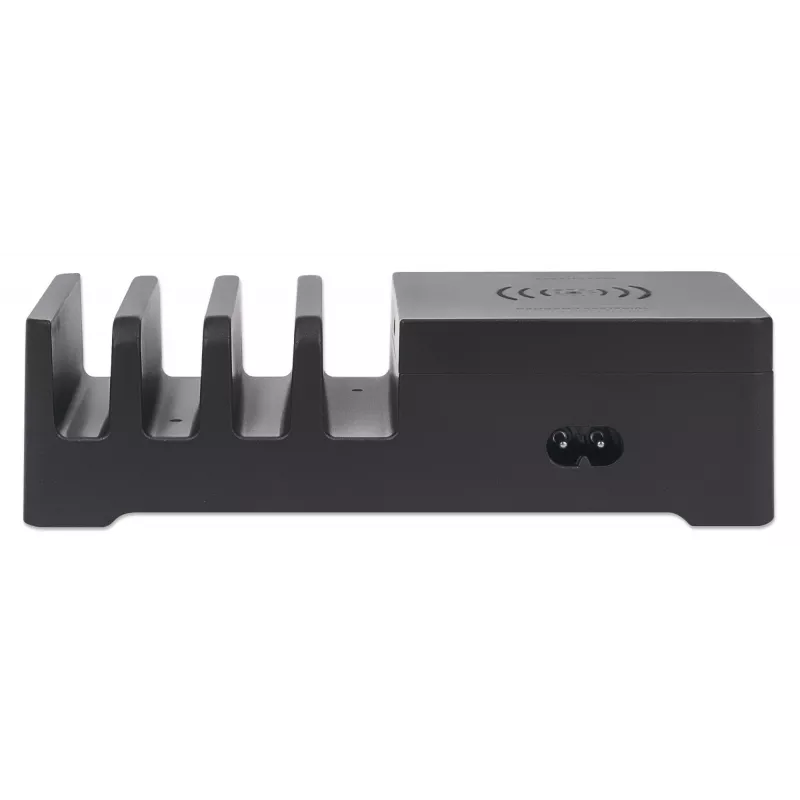 Manhattan įkrovimo stotelė su belaidžiu įkrovimo padėklu (nuimamas), 1x belaidis, 1x USB-C ir 4x USB-A prievadai, belaidžio išėjimas: 2A, USB-C išėjimas: 3A, USB-A išėjimai: 1x 3A ir 3x 2,4A, kabelis 1m, juoda (maitinimo laidas: Euro 2 kontaktų kištukas į