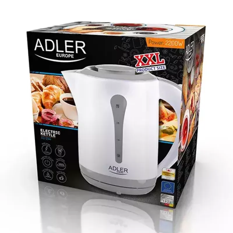 Elektrinis virdulys Adler AD 1244 — 2,5 l, 2200 W, baltas, paslėptas kaitinimo elementas