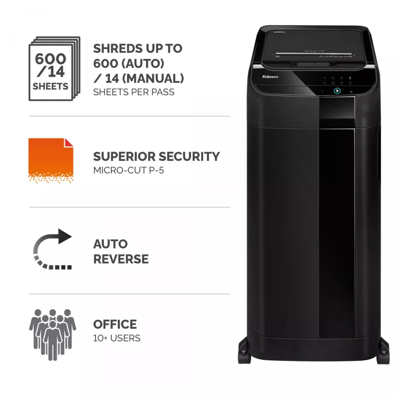 Dokumentų smulkintuvas Fellowes AutoMax 600M, mikro pjūvis, 23 cm, 60 dB, juodas