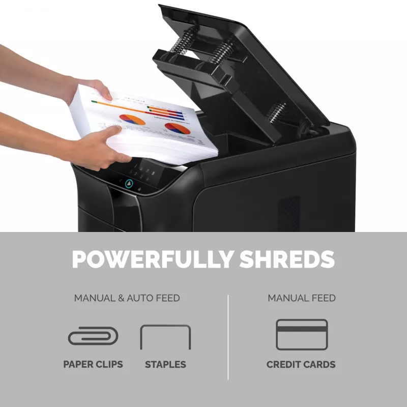 Dokumentų smulkintuvas Fellowes AutoMax 600M, mikro pjūvis, 23 cm, 60 dB, juodas