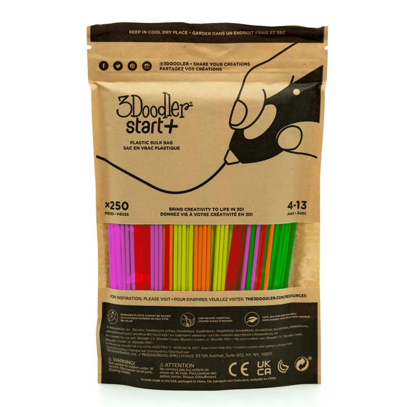 3DOODLER 3D spausdinimo siūlų rinkinys Start+ 250 vnt., 2,5 mm skersmens, kompostuojamos fluorescencinės spalvos (neon raudona, oranžinė, žalia, geltona, rožinė)