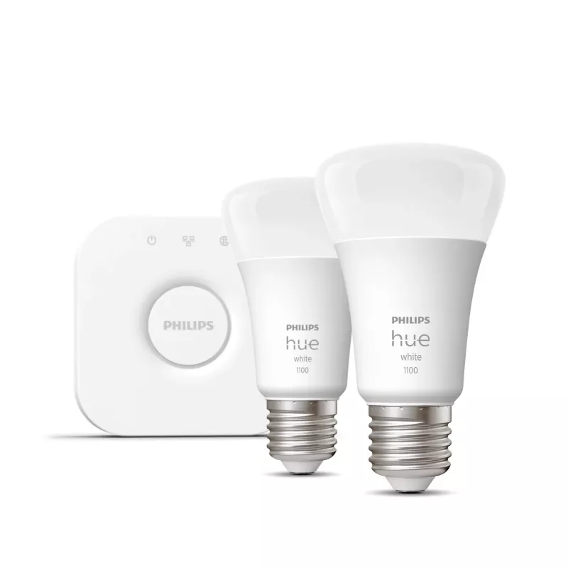 Philips Hue White pradinis rinkinys: 2 E27 protingos lemputės (1100 liumenų), protingas apšvietimo rinkinys, Bluetooth / Zigbee, balta, LED, E27, A60