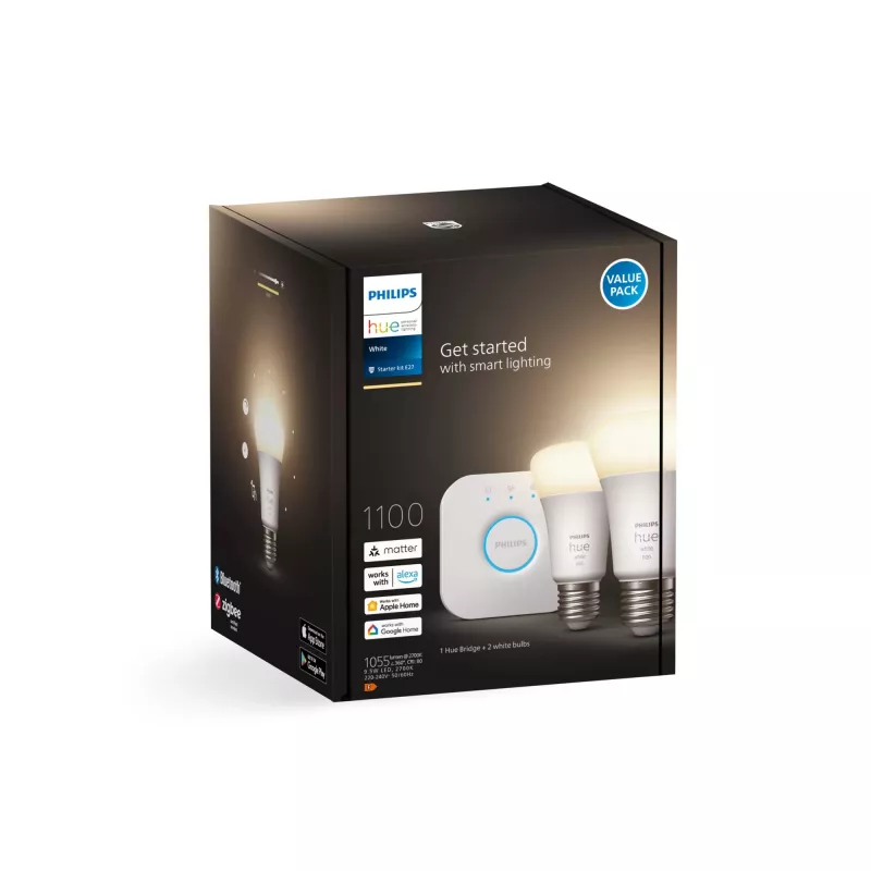 Philips Hue White pradinis rinkinys: 2 E27 protingos lemputės (1100 liumenų), protingas apšvietimo rinkinys, Bluetooth / Zigbee, balta, LED, E27, A60