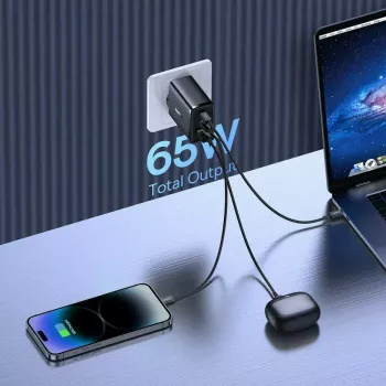 Greitasis įkroviklis Baseus Cube Pro 65W — 3 prievadai (2×USB-C, 1×USB-A), 110–240V, AC patalpų, universali suderinamumas, juoda, 0,154 kg