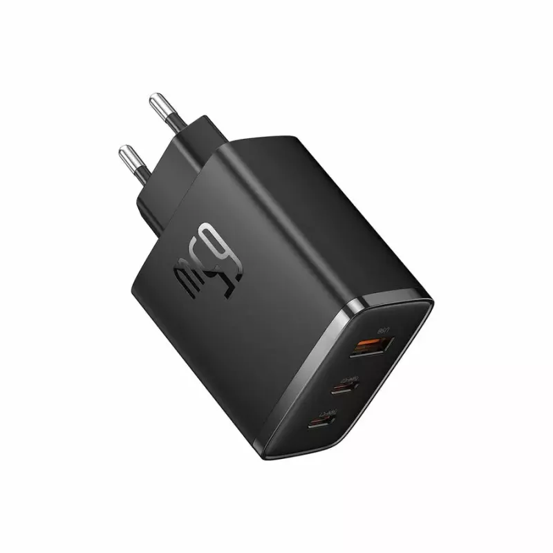 Greitasis įkroviklis Baseus Cube Pro 65W — 3 prievadai (2×USB-C, 1×USB-A), 110–240V, AC patalpų, universali suderinamumas, juoda, 0,154 kg