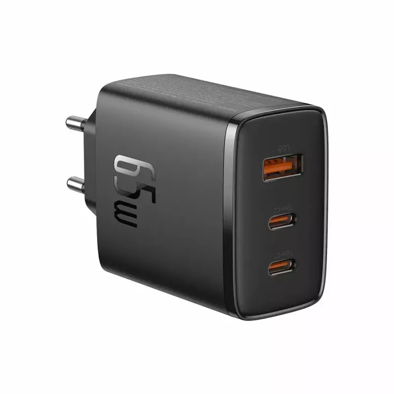 Greitasis įkroviklis Baseus Cube Pro 65W — 3 prievadai (2×USB-C, 1×USB-A), 110–240V, AC patalpų, universali suderinamumas, juoda, 0,154 kg
