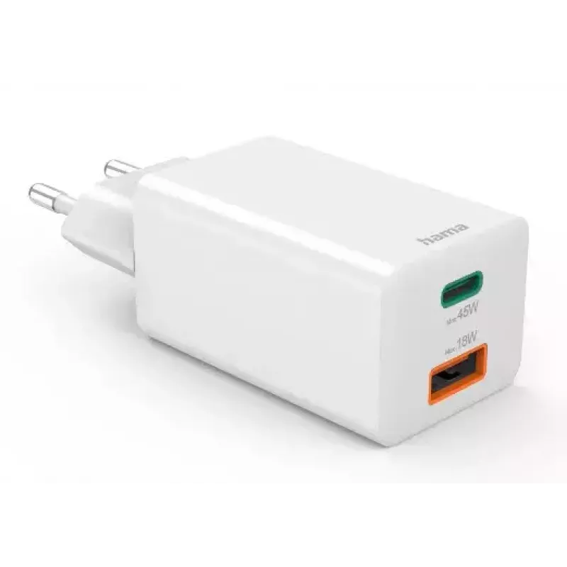 Hama 00201993 45 W greitasis sieninis įkroviklis su USB-C ir USB-A, balta