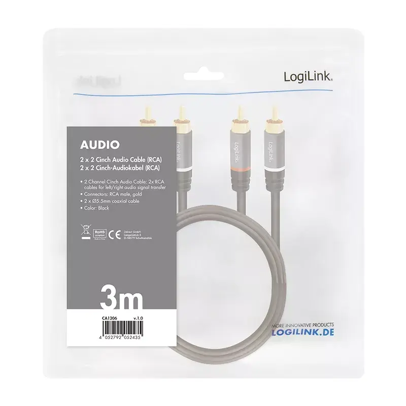 Audio kabelis LogiLink CA1206 3m 2xRCA juodas