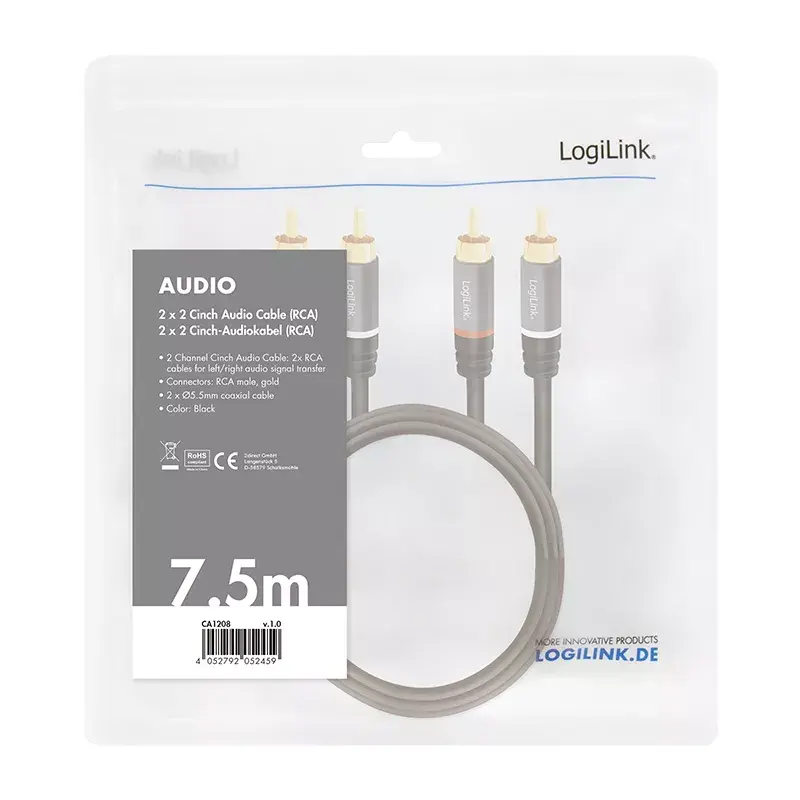 Garso kabelis LogiLink CA1208 7,5 m 2 x RCA juodas