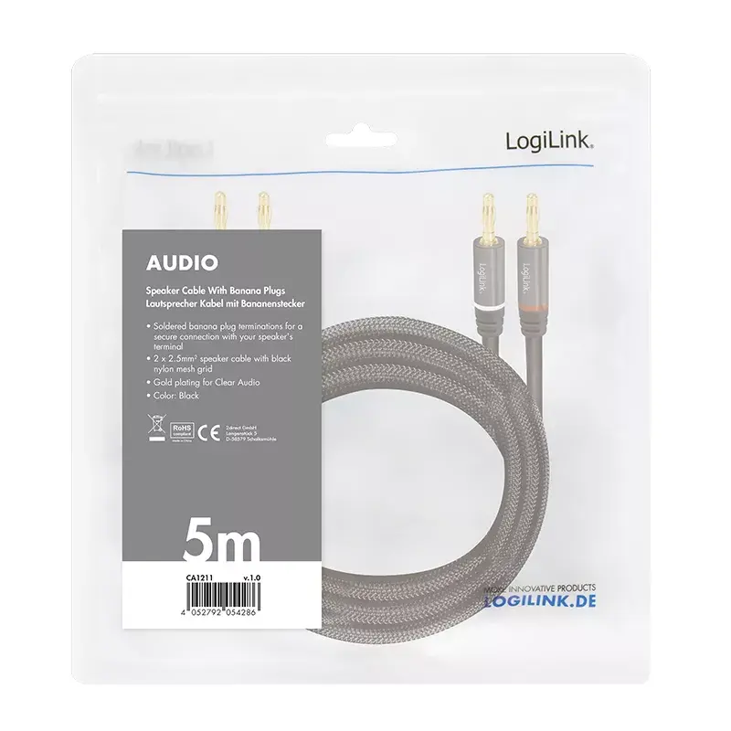 Garso kabelis LogiLink CA1211 5m 2x Banana juodas