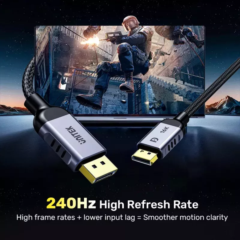 DisplayPort kabelis Unitek C1626GY01-2M, DisplayPort 2.1 vyriškas–vyriškas, 2 m, 80 Gbit/s, 16K@60Hz, 4K@240Hz, HDR, HDCP 2.2